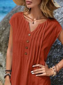 EMERY ROSE Women's Burnt Orange Notched Neck Button Detail Slit Dress For Summer - Redwood - View 5