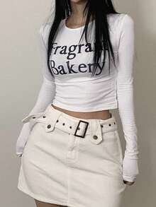Women's Short Cropped T-Shirt With Letter Print Long Sleeve Women - White - View 2