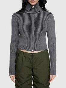 ROMWE Grunge Punk Outdoor Leisure Sporty Cropped Knit Cardigan - Grey - View 6