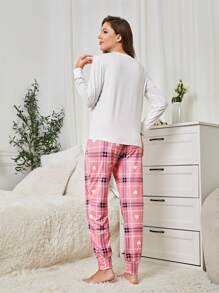 女士長袖長褲睡衣/居家服套裝,印有英文圖案