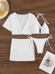 SHEIN Swim 纯色三角杯结饰侧面比基尼套装带罩衫婚礼夏季 - 白色 - 查看 4