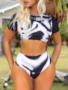 SHEIN Swim Vcay 女士扎染短袖两件套比基尼套装夏季海滩 - 黑與白 - 查看 2