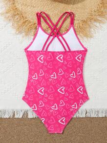 SHEIN Tween Girl One Piece Swimsuit With Heart Print - Hot Pink - View 2