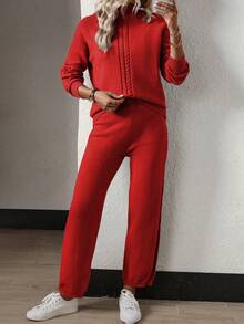 SHEIN Essnce Cable Dệt kim Tay áo dài Áo len Và Dệt kim Quần Bộ - Đỏ - Xem 6