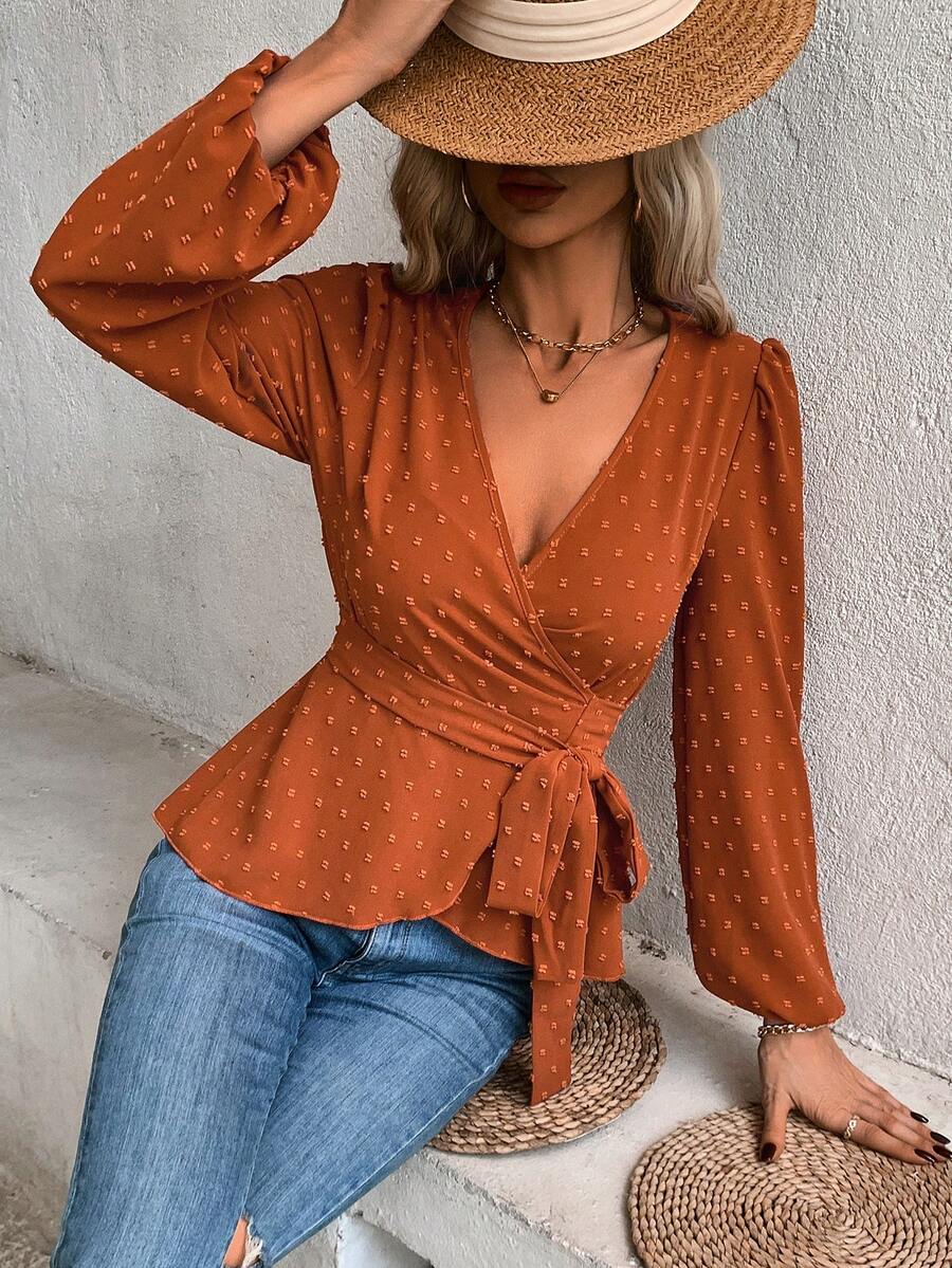 SHEIN Frenchy 女性圍繞腰部配帶襯衫 - 鏽棕色 - 查看 1