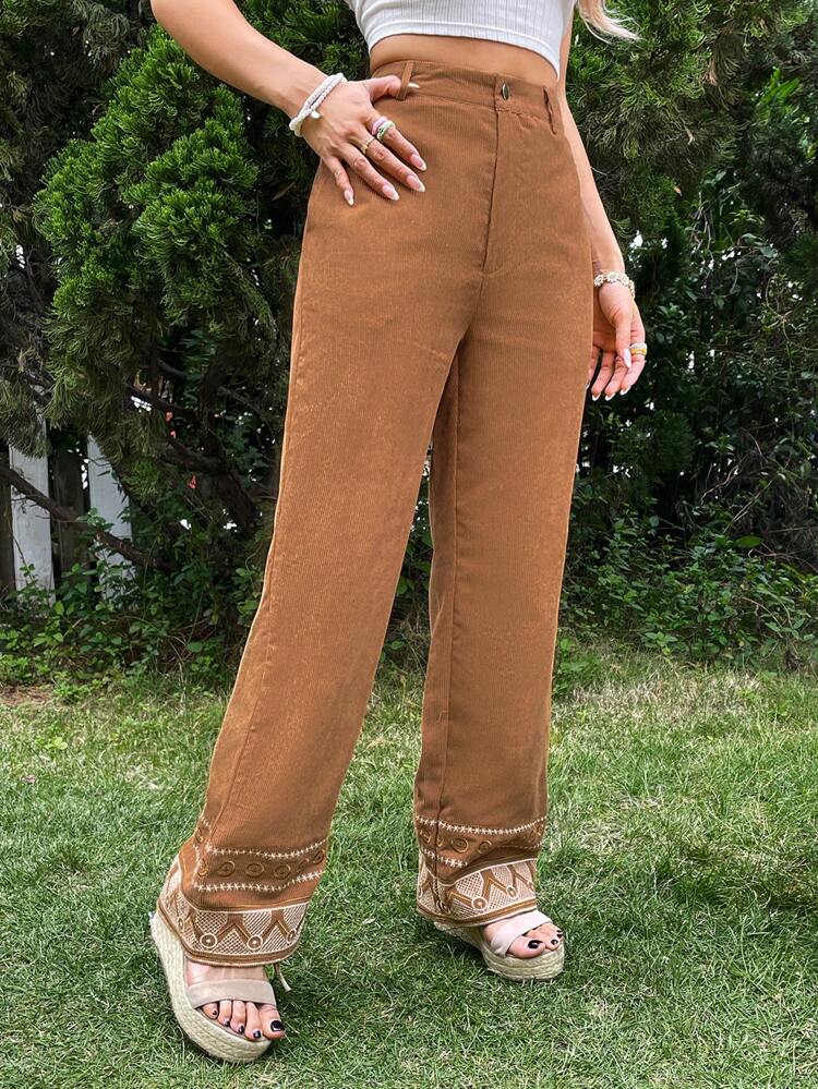 Embroidery Detail Straight Leg Pants