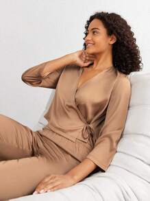 Ocili Elegant Coffee Brown V Neck Pant Set With Wrap Tie Front For Women Sleepwear