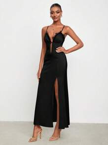 Thainara Oliveira Designer Satin Dress, Sundress With Lace Trim, Summer Elegant Dress, Sundress Outfit For Holiday, Party, Birthday Outfits, Festival, Wedding, Prom Dress - Black - View 4