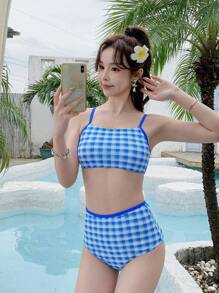 DAZY Plaid Pattern Cami Bikini Set Summer Beach,Tankini Bathing Suit