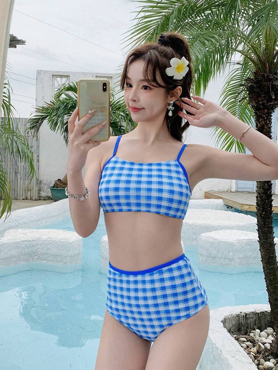 DAZY Plaid Pattern Cami Bikini Set Summer Beach,Tankini Bathing Suit