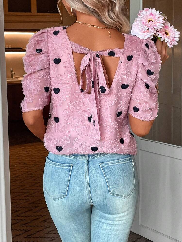 Tie Back Heart Pattern Jacquard Blouse