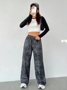 SHEIN EZwear 染色印花針織運動長褲 - 黑與白 - 查看 5