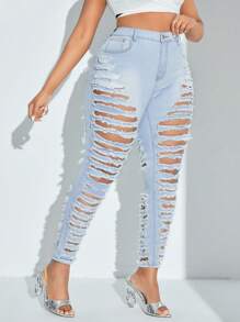 SHEIN SXY Kích thước lớn Gầy Quần jean rách - Rửa nhẹ - Xem 6