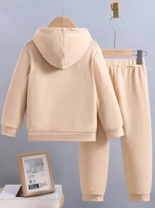 青少年男孩風景印花連帽衫和運動褲 - 卡其色 - 查看 2