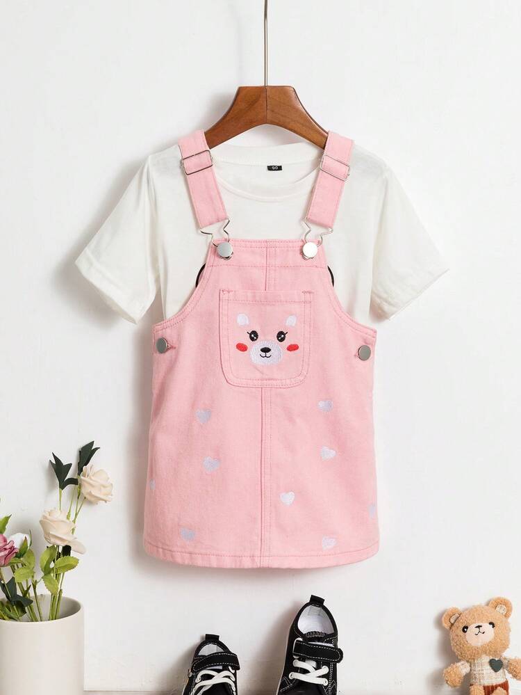 Baby Girls' Pink Cute Embroidered Denim Overall Dress