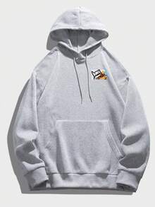 Hombres Capucha con estampado de letra y dibujos animados de hombros caídos con cordón - Gris - Ver 2