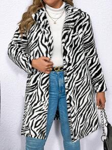 SHEIN LUNE Plus Size Fuzzy Zebra Print Coat - Black and White - View 5