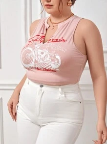 SHEIN EZwear Kích thước lớn Eo Chiều dài Không tay Áo Với Cổ áo có khía - Bụi hồng - Xem 5