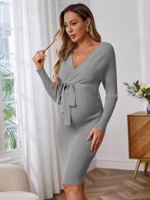 SHEIN Maternity Long Sleeve Cross V-Neck Sweater Dress, For Winter - Grey - View 5