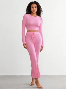 Ocili 女性純色上下裝家居服套裝 - 粉色 - 查看 1