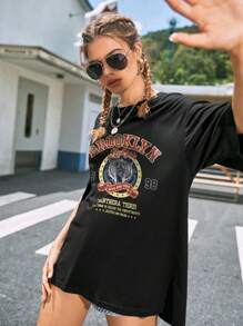 INAWLY Camiseta larga con estampado de letra y tigre, camisetas gráficas para mujer - Negro - Ver 3