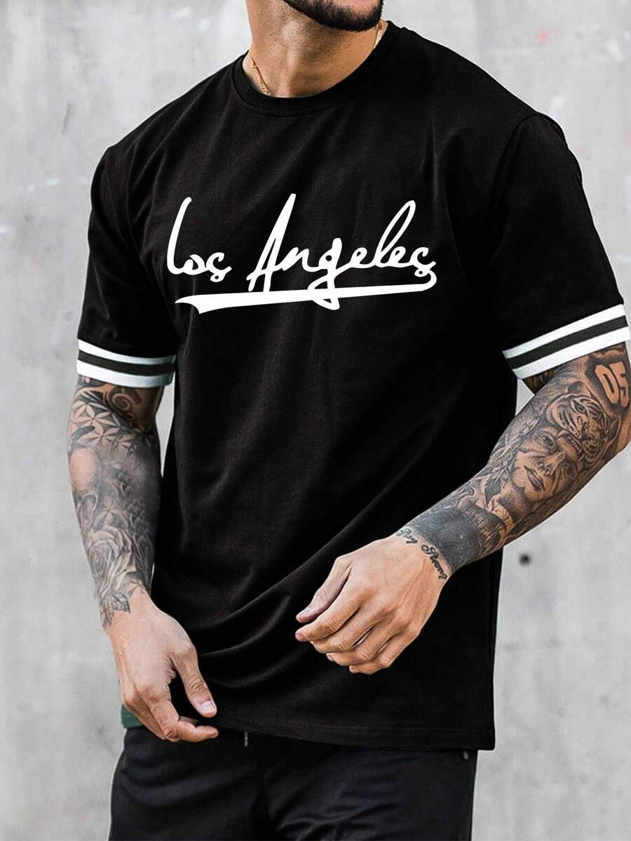 Manfinity Roughcore Camiseta Casual De Ajuste Holgado Para Hombres Con Palabras Impresas - Negro - Ver 1
