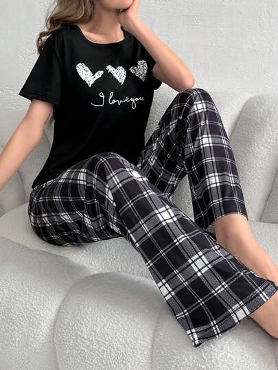 Heart & Letter Embossed T-Shirt And Plaid Long Pants Pajama Set