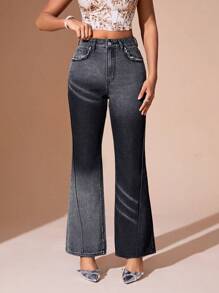 SHEIN BAE 女式低彈喇叭牛仔褲 - 深灰色 - 查看 1