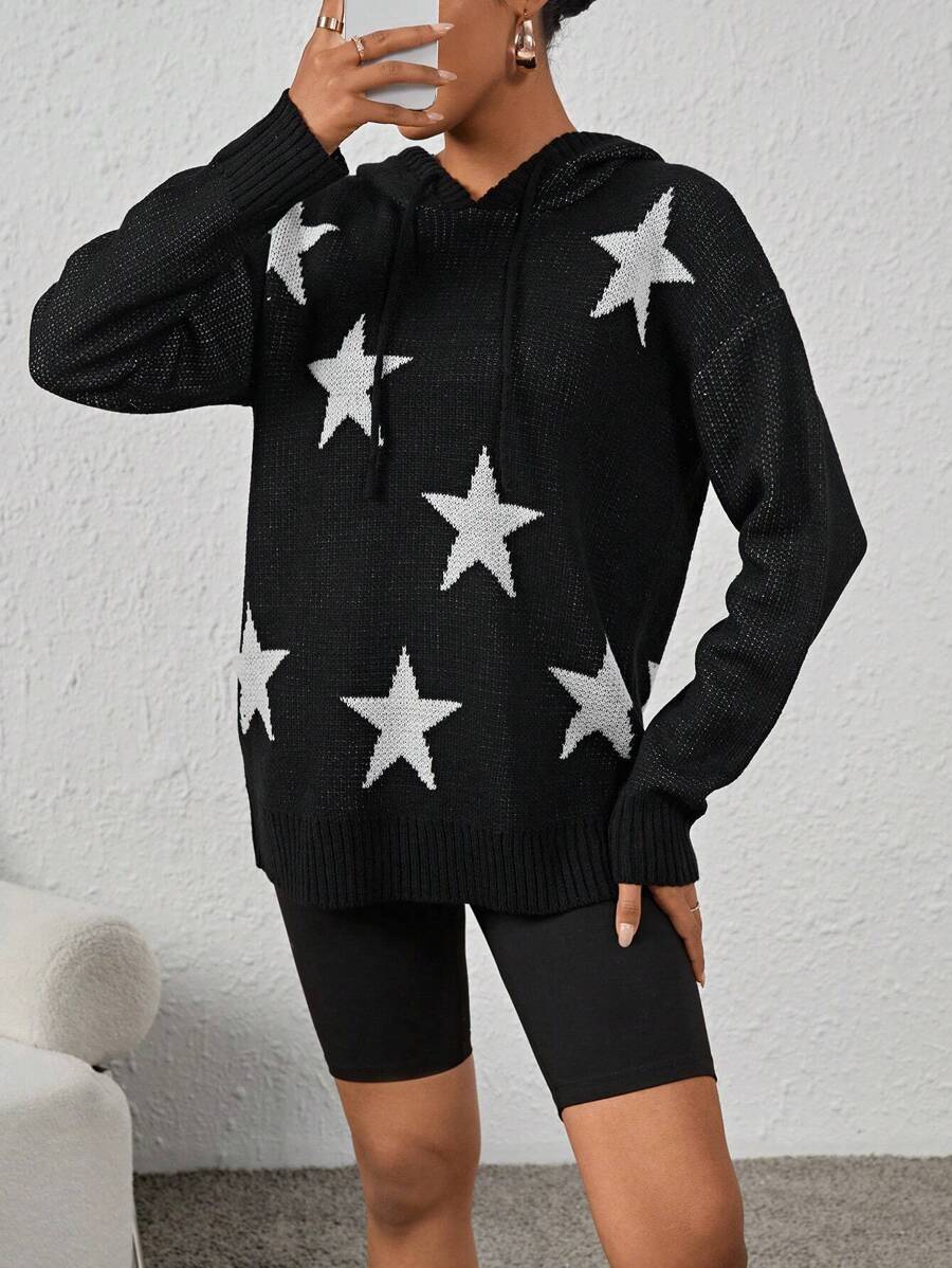 SHEIN EZwear Women's Starry Patterned Long Sleeve Hooded Sweater - Black - View 1