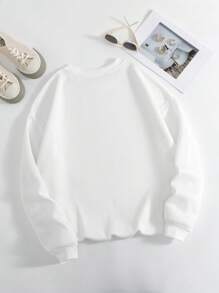 SHEIN EZwear Plus Size Casual Round Neck Sweatshirt With Letter Print - White - View 2