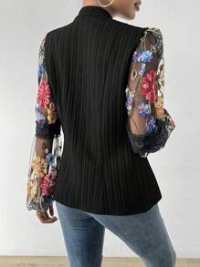 Chiquease Flower Embroidery Button-Front Shirt Fall Cloth For Women - Black - View 2