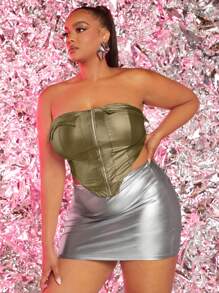 SHEIN SXY Plus Size Solid Color Strapless Top With Zipper & Asymmetrical Hemline
