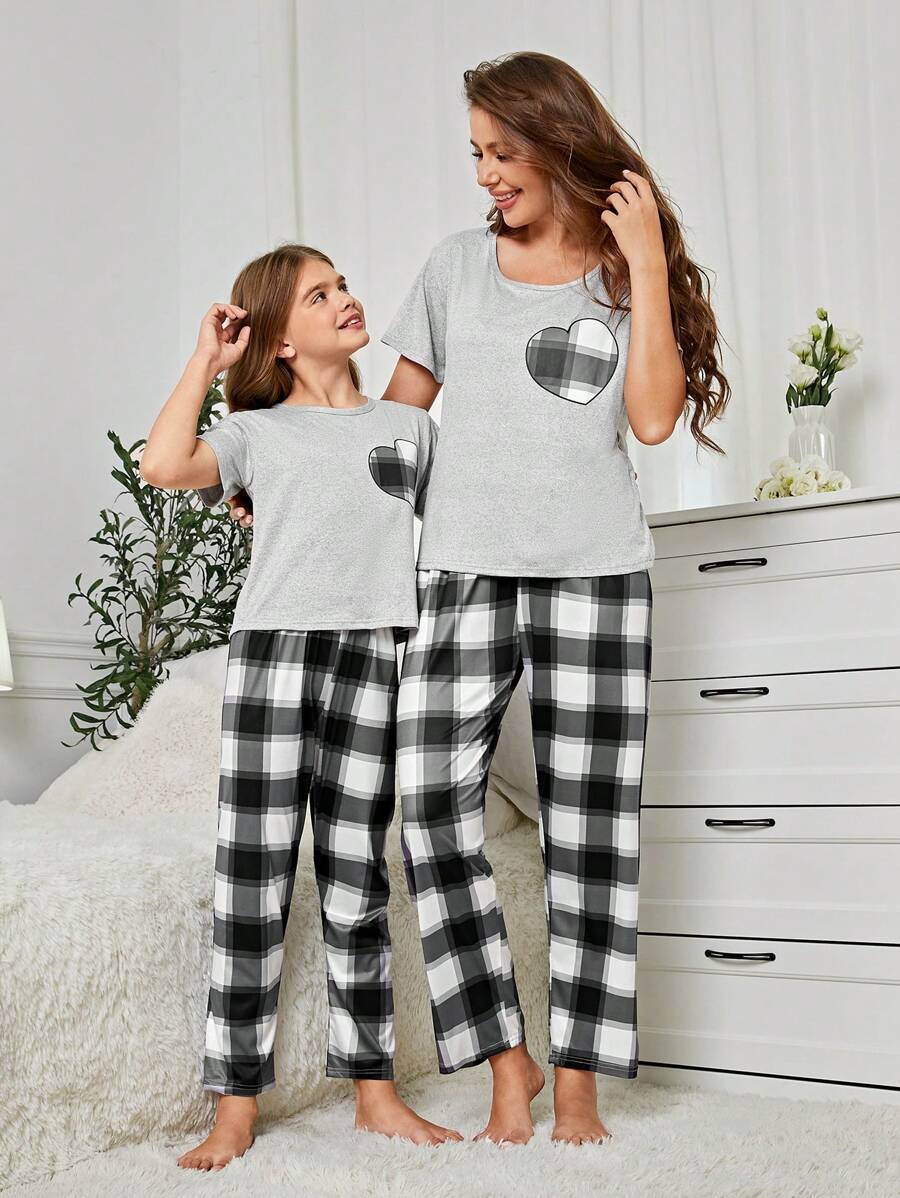 Conjunto De Pijama A Cuadros Con Corazones Para Mujeres