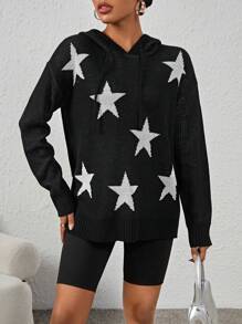 SHEIN EZwear Women's Starry Patterned Long Sleeve Hooded Sweater - Black - View 5