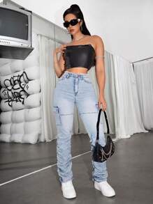 SHEIN ICON Washed Pleated Cargo Jeans - Blue - View 5