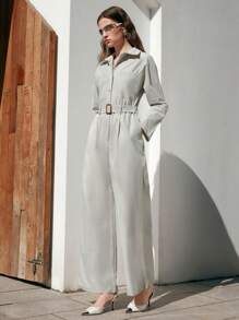 Anewsta 女式腰帶襯衫連身褲 - 白色 - 查看 1