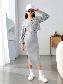 Tween Girl' Long Tank Dress Set With Kimono Sleeve Cardigan, Slit Hem - Light Grey - View 1