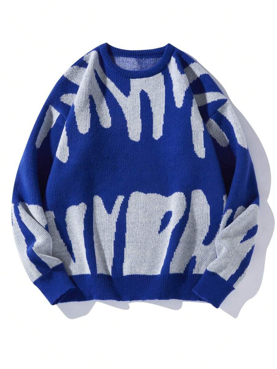 Manfinity EMRG 男士休闲印花毛衣、男士蓝色毛衣、男士图案毛衣、男士针织毛衣、男士 Y2k 毛衣、男士街头风毛衣