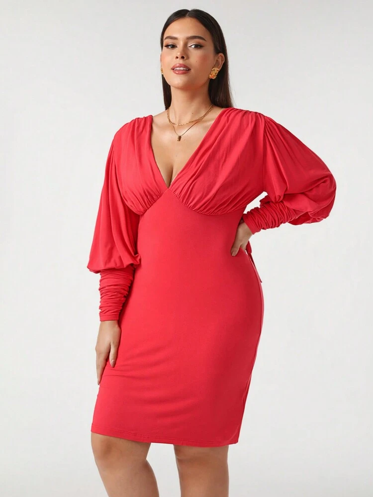 Designer Plus Plunging Neck Drawstring Sleeve Bodycon Elegant Dress, For Holiday, Party, Birthday Outfits, Festival, Wedding, Prom Dress