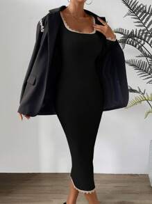 SHEIN Privé 女士高領修身針織毛衣連衣裙 - 黑色 - 查看 7