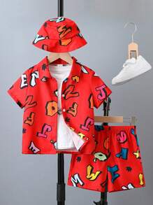 幼童男孩字母印花短袖衣短褲套裝配帽子 - 彩色 - 查看 1