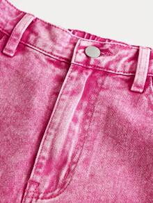 SHEIN 少女仿舊斜口袋闊腿牛仔褲 - 淺色水洗藍 - 查看 4