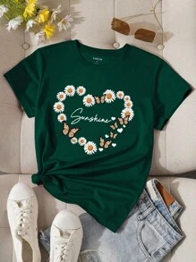 SHEIN LUNE 女花蝴蝶字母印花t卹 - 墨綠色 - 查看 1