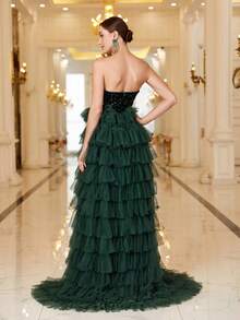 Faeriesty Gorgeous Sequin-Covered Gown With Layered Tulle Skirt & High-Slit Hem | Luxury Evening Dress For Black Tie Galas, Weddings, And Cannes Parties - Dark Green - View 3