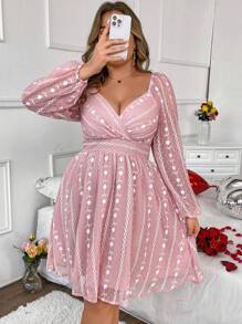 Flirla Kích thước lớn Bọc Cái cổ Tay áo lồng đèn In hoa Đầm - Hồng - Xem 1