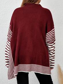 EMERY ROSE Plus Size Striped Color Block Sweater - Red - View 2