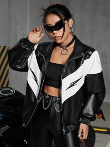 PUNK 女款對比色長袖pu皮夾克 - 彩色 - 查看 5