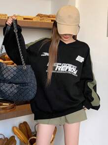 DAZY Sudadera Con Impresión De Eslogan Y Costura Lateral De Contraste - Negro - Ver 3