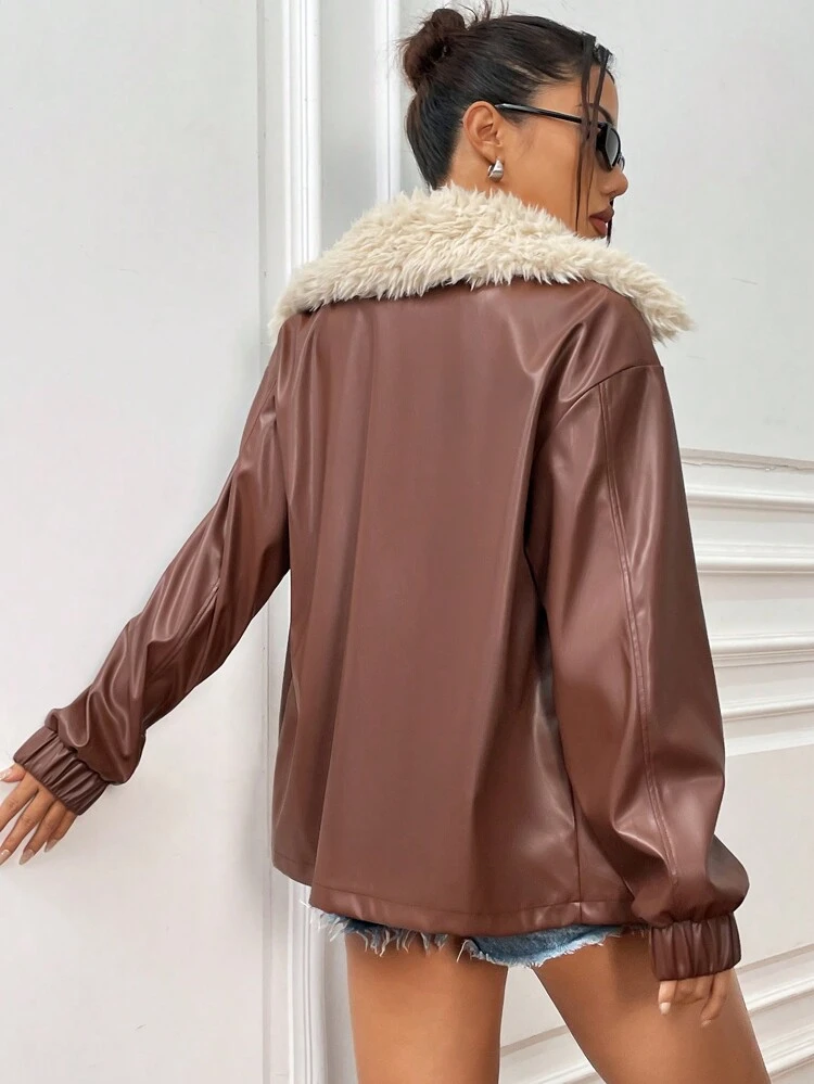 Fuzzy Trimmed Notched Collar Pu Leather Jacket