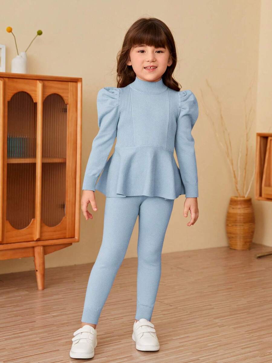 SHEIN Young Girl Elegant Stand Collar Gigot Sleeve Two Piece Set Sweater And Pants - Blue - View 1